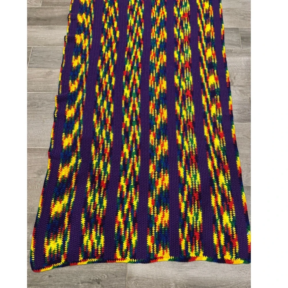 Handmade Crochet Afghan Blanket Large Purple Multi Color Retro Striped Cozy Boho
